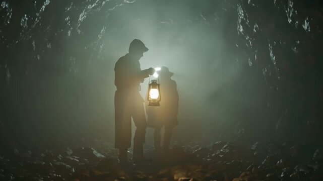 4K cinematic video, lone adventurer silhouette holding vintage lantern inside massive foggy cave, warm lantern light casting dramatic shadows jagged rock walls mist swirling feet, water droplets epic