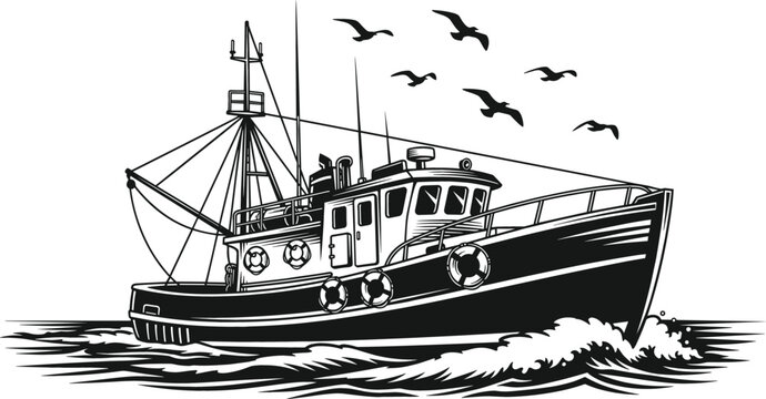 Commercial fishing boat trawler on ocean waves with seagulls black and white woodcut style nautical vector illustration