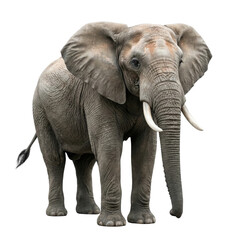 Fototapeta premium Large African elephant with tusks and wrinkled grey skin, full body front view, isolated on white