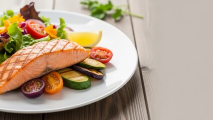 Grilled Salmon Fillet with Fresh Vegetables and Lemon Slice on White Plate