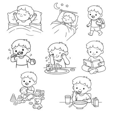 Cute Little Boy Daily Routine Activities Outline Illustration Set