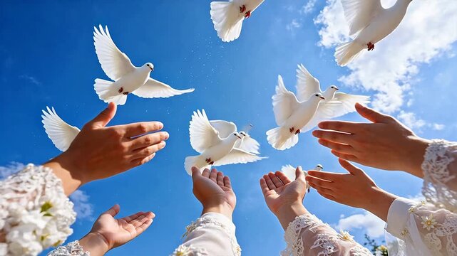 Hands releasing white doves in sky