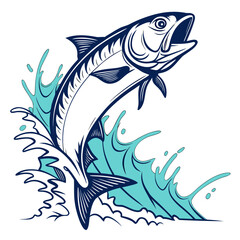 Obraz premium Dynamic Jumping Fish with Water Splash Illustration Sport Fishing Concept: Powerful Fish Leaping from Water Marine Life Graphic: Vibrant Jumping Fish Vector Outdoor Activity: Strong Fish Emblem for Fi