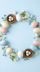 Round decorative frame of colored pastel eggs and spring flowers on a blue background. Vertical template for greeting card or Christian holiday invitations, and Easter egg hunts with copy space. 