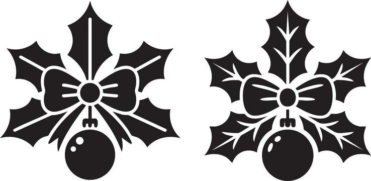 Christmas Holly with Bow and Ornament Black Silhouette SVG Festive Holiday Decoration Vector Design