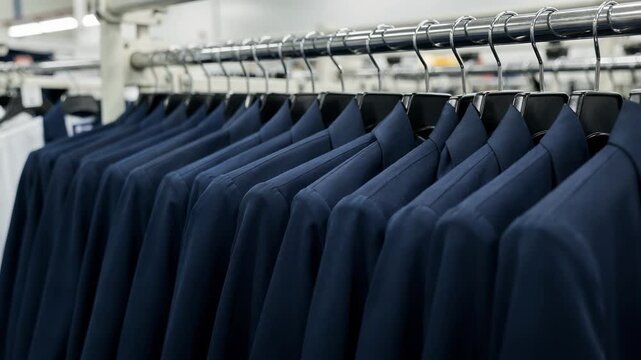 Medium shot of navy blue pleated school uniforms neatly lined up on hangers highlighting fabric texture and consistent tailoring in a production line.