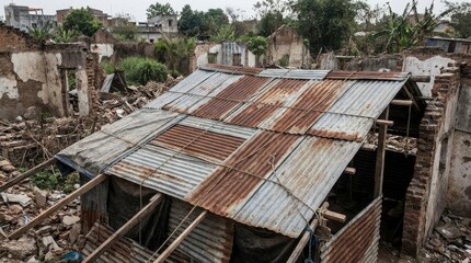 Salvaged Corrugated Metal Roof in Ruined Building