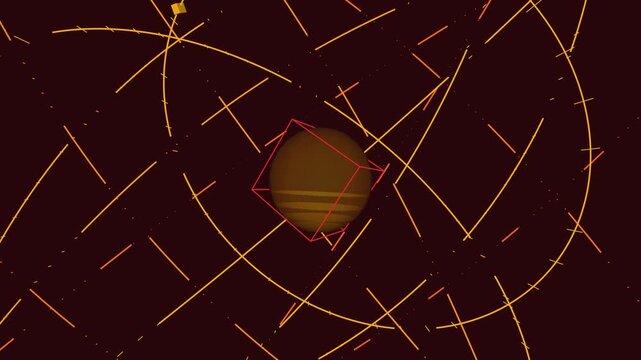 Procedural 3D animation of a thermal gyroscopic core with expanding red wireframe rings. Seamless loop of a geometric reactor breathing in mechanical rhythm. 4K UHD technical system visualization.