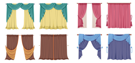 Closed and open curtains for window privacy with heavy blackout fabric or elegant tulle for home interior. Vector collection with cornice and drape elements for living room, classical luxury decor © Tartila