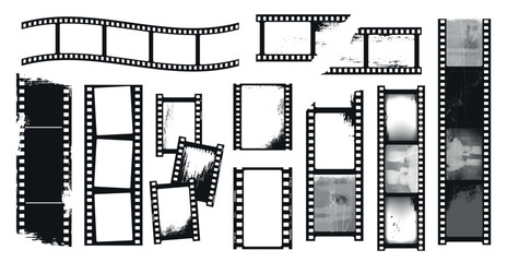 Naklejka na ściany i meble Film strip frame set with sprocket borders and grunge texture for cinema collages, photography templates and vintage storyboard design. Vector collection of analog negatives for cinema vibe