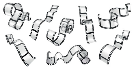 Film strip realistic 3D set. Wavy filmstrip reels ribbon frames and transparent for cinema banners, photography mockups and retro movie design. Vector of glossy negatives for motion isolated layouts