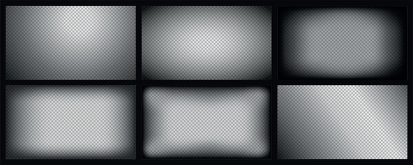 Obraz na płótnie Canvas Black gradient overlay. Cinematic dark vignette, gradient fade, radial shadow photo border, film background for horror effect. Soft vector mask with blurred edge and glow, transparent screen textures