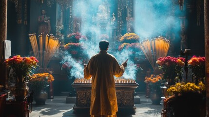 Fototapeta premium Religious ceremony in a temple. A monk in traditional attire performs a ritual, surrounded by incense and flowers