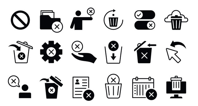 Delete and trash icons. Cancel cross and clear symbols to remove, block or discard files. Vector set of toggle switches and undo arrows for app settings, mistake erase and forbidden action
