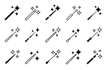 Magic AI wand icons with sparkle stars. Glow wands for artificial intelligence fantasy editor tools. Generate or fairytale miracle wizard stick symbol. Vector isolated set