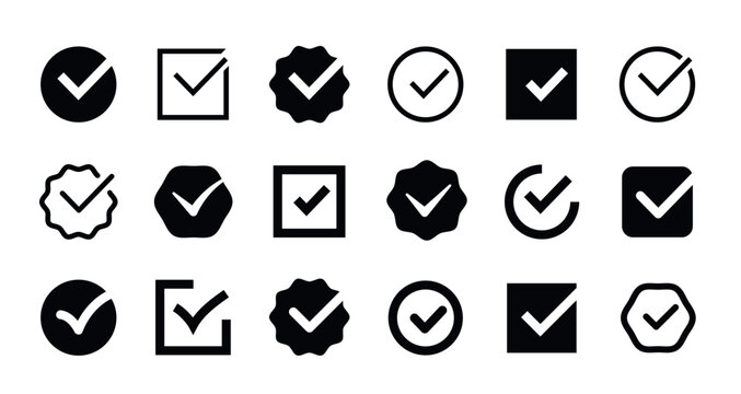 Tick icon set. Checkmarks, approve symbol for survey validation, app notification UI, feedback control or confirm status indicator. Black glyphs for approval checklist interface button vector set