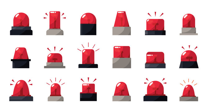 Emergency siren icons. Red beacons and alarm lights, crisis and hazard warning emoji. Glossy flashing police or ambulance signal lamp, blink flasher for urgent evacuation alert isolated vector set