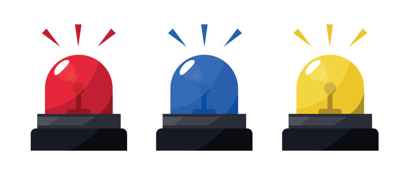 Emergency siren icons with blue, red, and yellow beacons. Alarm lights and hazard warning emoji. Glossy flashing police, ambulance signal lamp, blink flasher for urgent evacuation alert vector set