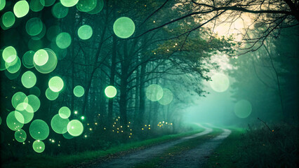 Obraz premium Green bokeh forest path with misty atmosphere creating magical mystical woodland scene with dreamy ethereal light and fog effects