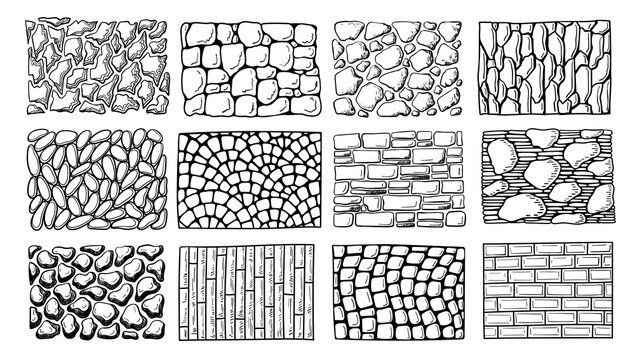 Stone wall textures. Cobblestone tiles hand drawn hatching for vintage wallpaper, game pathway and rustic construction or exterior. Outline bricks for facade, pavement patterns isolated vector set