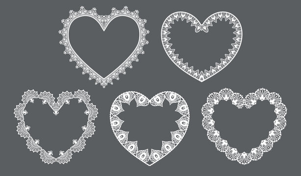 Lace heart border. Doily frames and filigree trim for vintage wedding invitation, romantic greeting card and bridal craft or Valentine design. Ornate pattern for love vector clipart, monograms