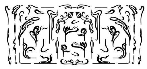 Art nouveau flourish frames. Filigree scrolls and botanical vines for vintage frame borders, elegant art deco floral dividers, baroque corner embellishment jugendstil design. Isolated vector set © Tartila