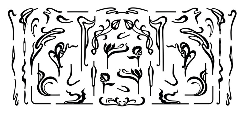 Art nouveau flourish frames. Filigree scrolls and botanical vines for vintage frame borders, elegant art deco floral dividers, baroque corner embellishment jugendstil design. Isolated vector set