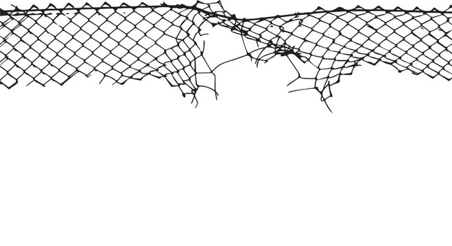 Torn metal chain link fence with barbed wire on top, isolated on white background.
