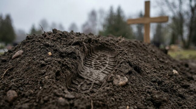 Single bootprint in freshly dug grave dirt