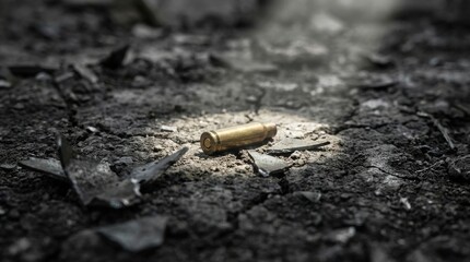 Single Unbroken Bullet Casing on Ground Debris