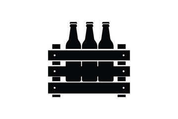 Black silhouette of wooden crate containing three glass bottles isolated on white background symbol of drinks