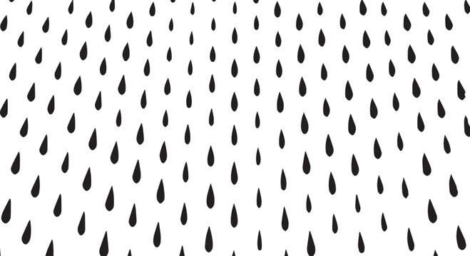 Seamless pattern of black raindrops on white background, rain droplets texture