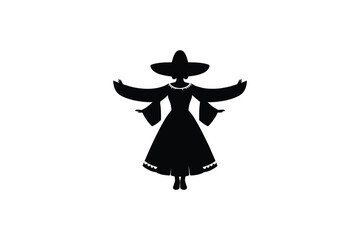 Traditional mexican dancer silhouette wearing sombrero and folk dress with wide sleeves on white background