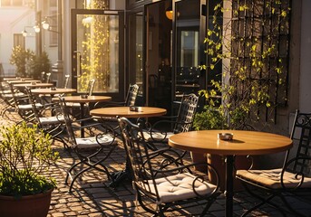 Empty cafe terrace with neatly arranged chairs in early spring sunlight