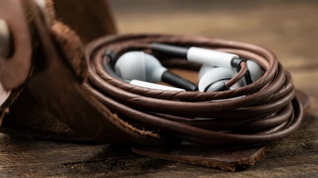 Medium shot of a tie leather wrap gently bundling earphone cords focusing on flexibility and rustic charm for tanglefree storage.
