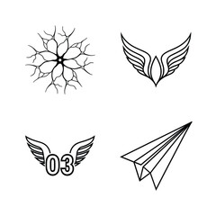 Artistic vector set of abstract tribal wings and bird symbols featuring black silhouette illustrations of eagles and hearts for tattoo and logo design