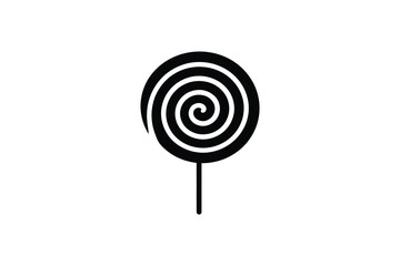 Black silhouette of a lollipop candy with a spiral design, sweet dessert on white background