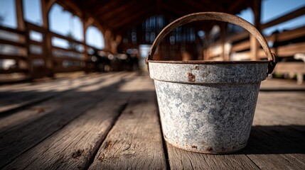 Naklejka premium Vintage metal milk can placed in a sunlit barn alley, cows behind it