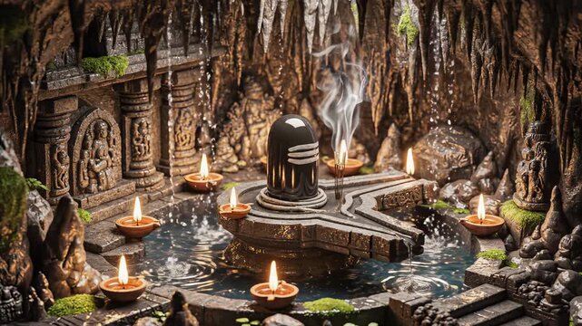 Mystical Shivling Shrine A Spiritual Sanctuary Deep Within a Stone Cave Adorned with Lit Diyas and Ancient Carvings Creating a Sacred Ambiance with Natural Rock Formations and Glistening Water