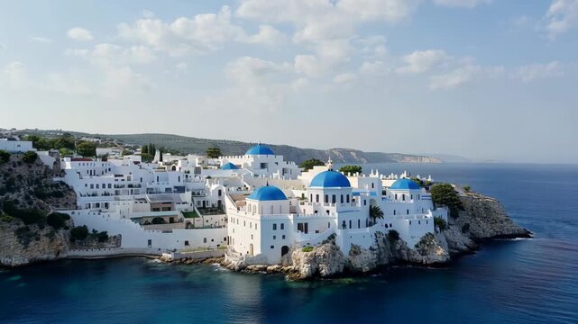 Picturesque greek island village of folegandros with whitewashed buildings and blue domed churches on a sunny day