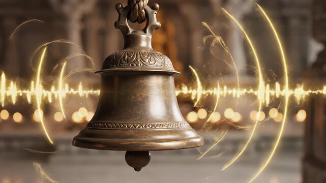 Ornate Bronze Temple Bell Ringing with Golden Sound Waves and Soft Bokeh Lights in a Sacred Hallway