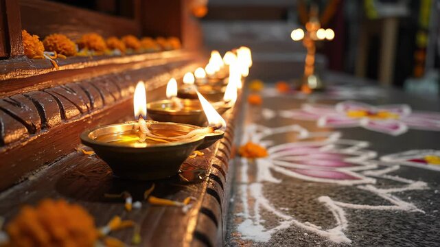 Row of Lit Oil Lamps During a Traditional Festival With Marigold Flowers and Rangoli Decorations on Steps Illuminated by Warm Golden Light Creating a Serene and Spiritual Atmosphere