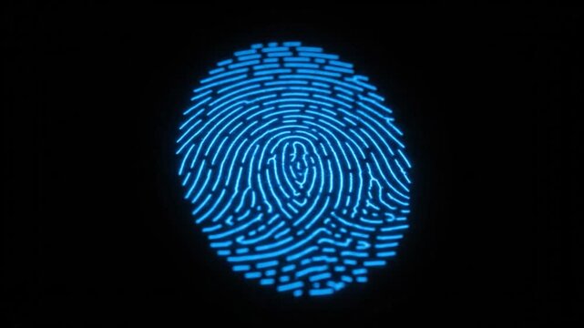Illuminated, blue fingerprint against a black backdrop, detail of the dermal ridges