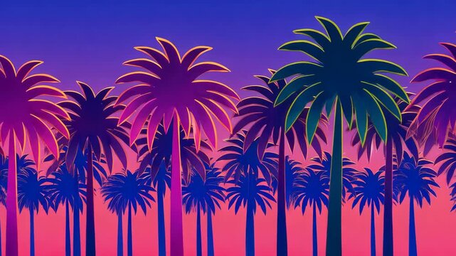 Retro tropical palm trees with vibrant neon colors at sunset animation,synthwave style,perfect for summer and relaxation