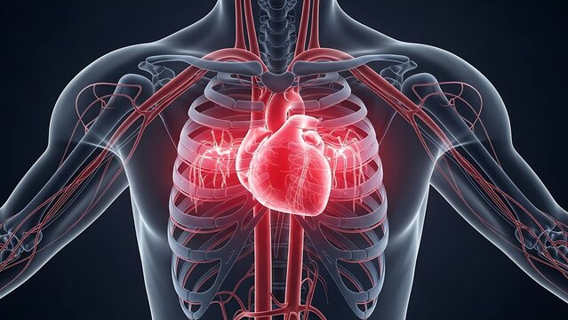 Mapa anat&oacute;mico 3D del coraz&oacute;n humano y la red cardiovascular dentro del esqueleto