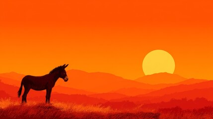 A donkey's silhouette against a stunning sunset accentuates its form against a backdrop of mountains and warm tones