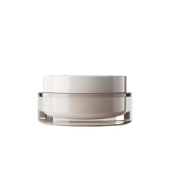 Luxurious cosmetic cream jar with a white lid and transparent base on a clean white background with soft studio lighting for a premium beauty product