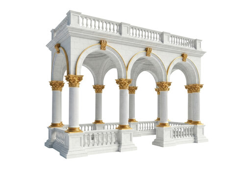 Majestic baroque architectural arcade of polished white marble and intricate gold accents, 3/4 view on an infinity cove with high-key shadowless lighting, concept of classical luxury and architecture