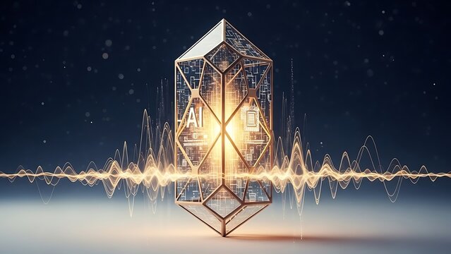 Cristal digital futurista con ondas de datos brillantes y una jaula geom&eacute;trica dorada.