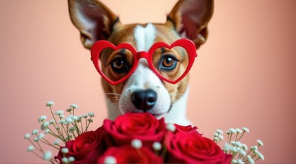 Fototapeta premium A cute dog wearing heart-shaped glasses surrounded by a bouquet of red roses, perfect for Valentine's Day or pet-themed celebrations.